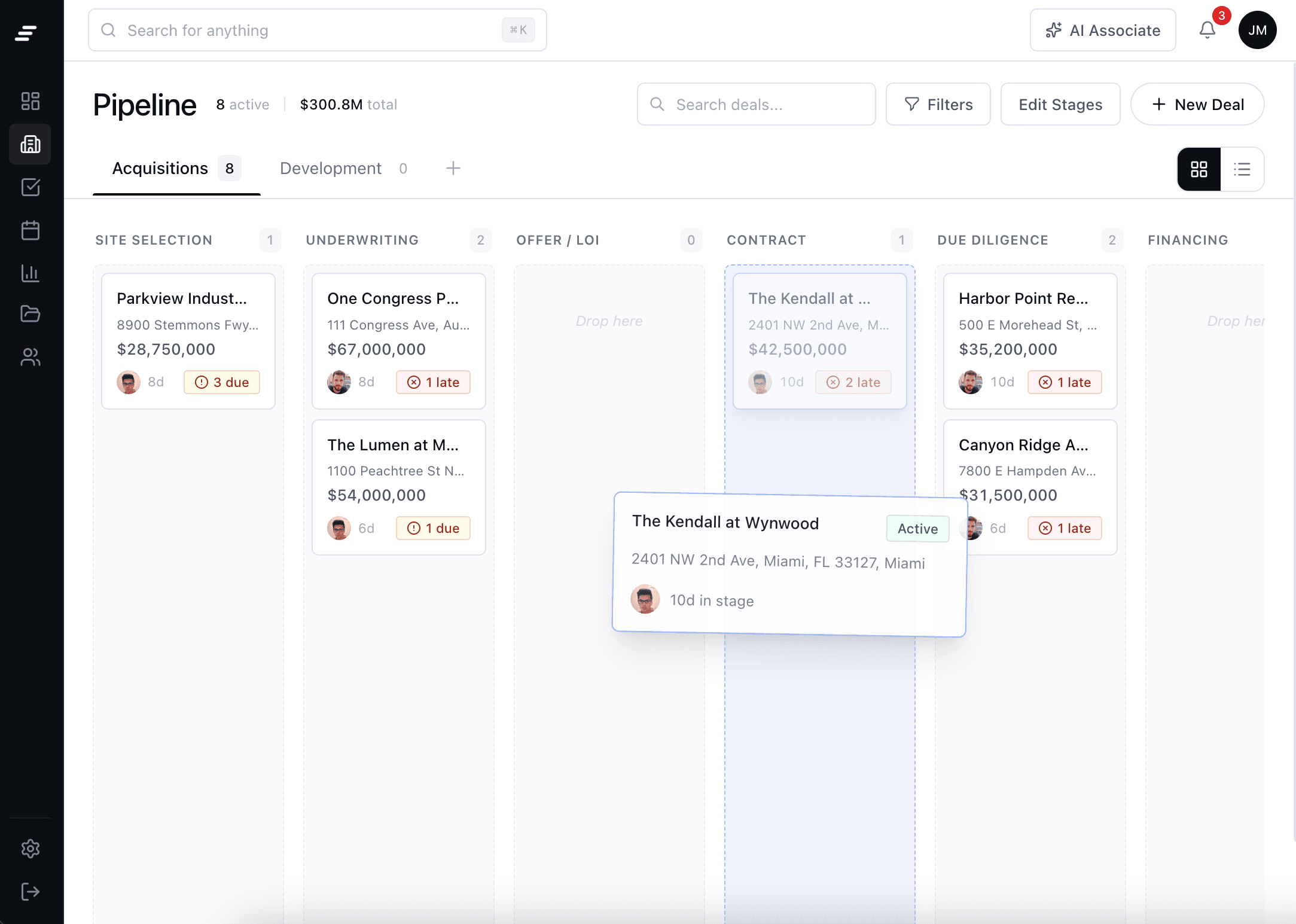 MotionCRE pipeline board with deal stages, cards, and drag-and-drop