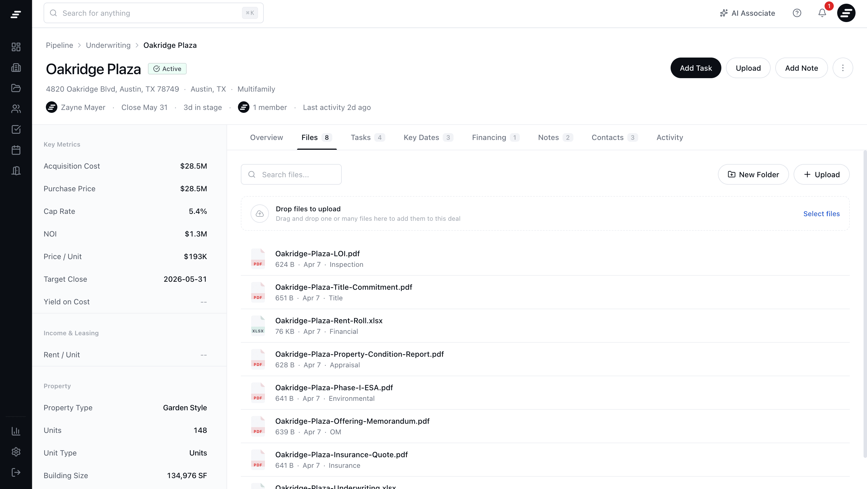 MotionCRE deal workspace showing documents, tasks, contacts, and financing for a single CRE deal
