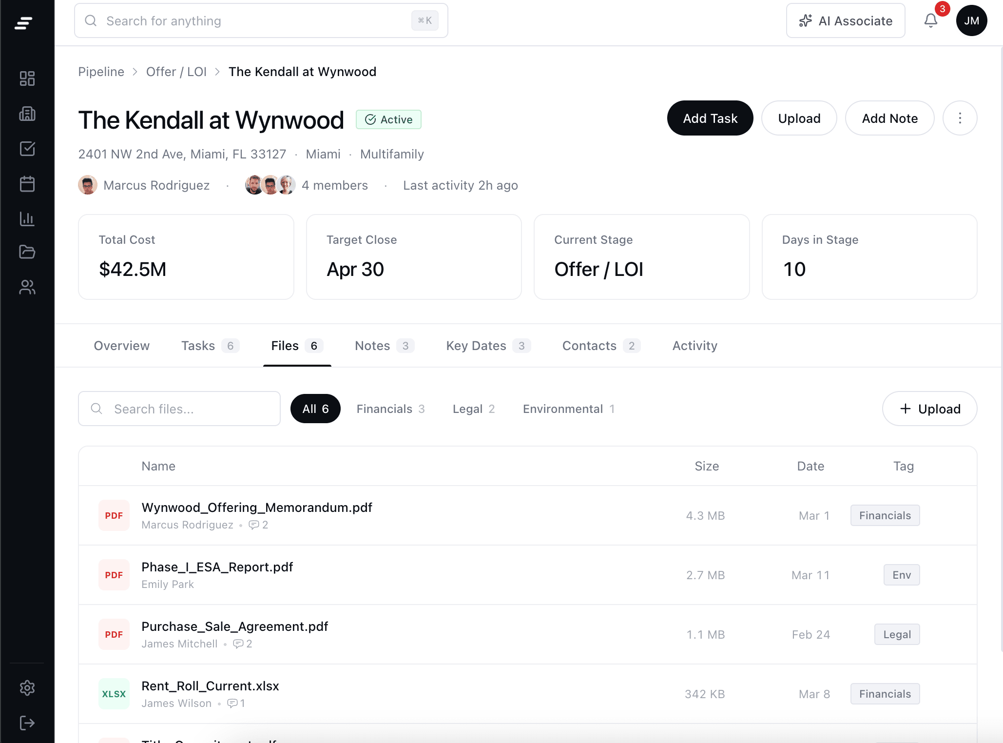 A deal workspace inside MotionCRE