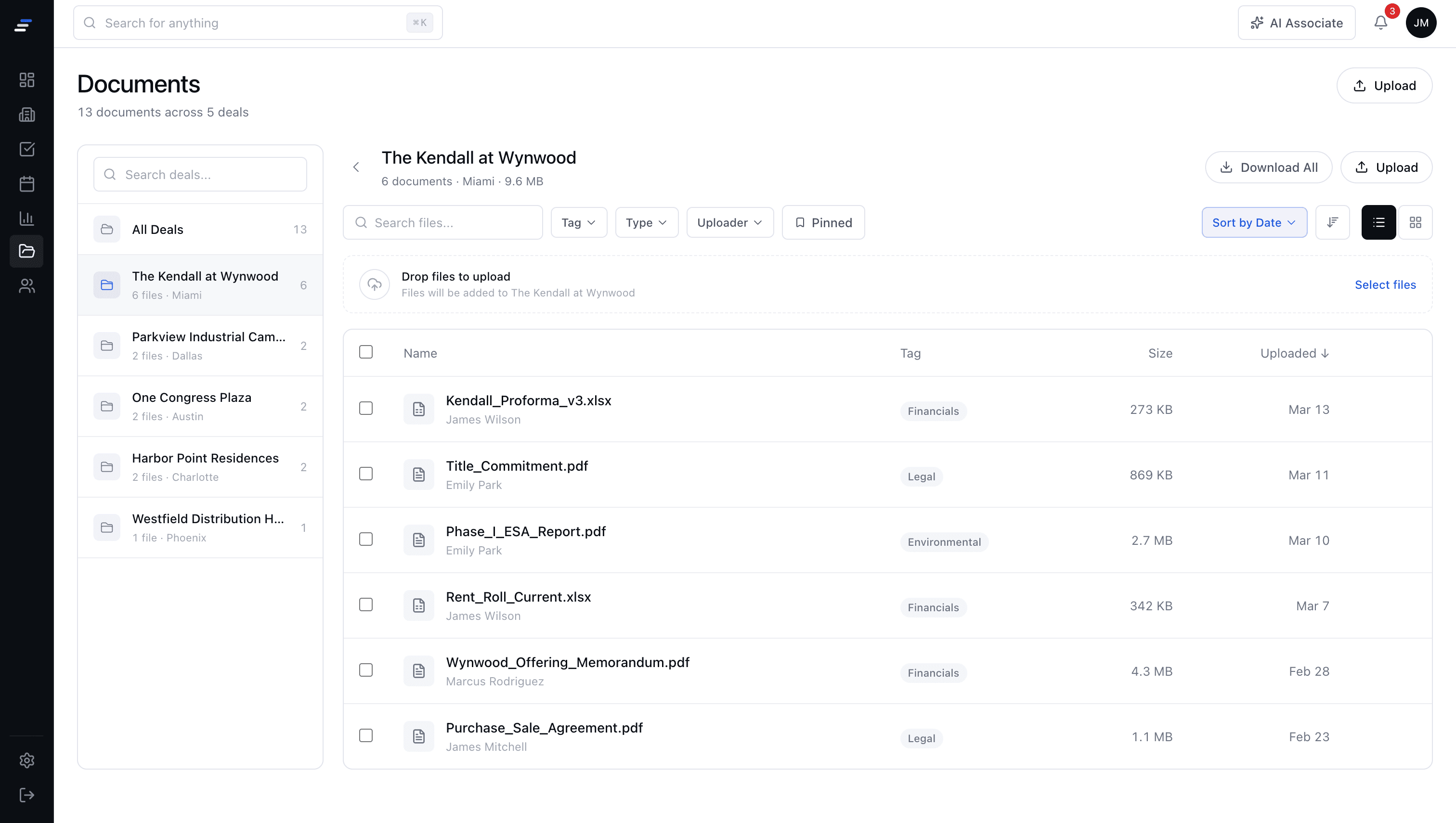MotionCRE data room with granular file selection