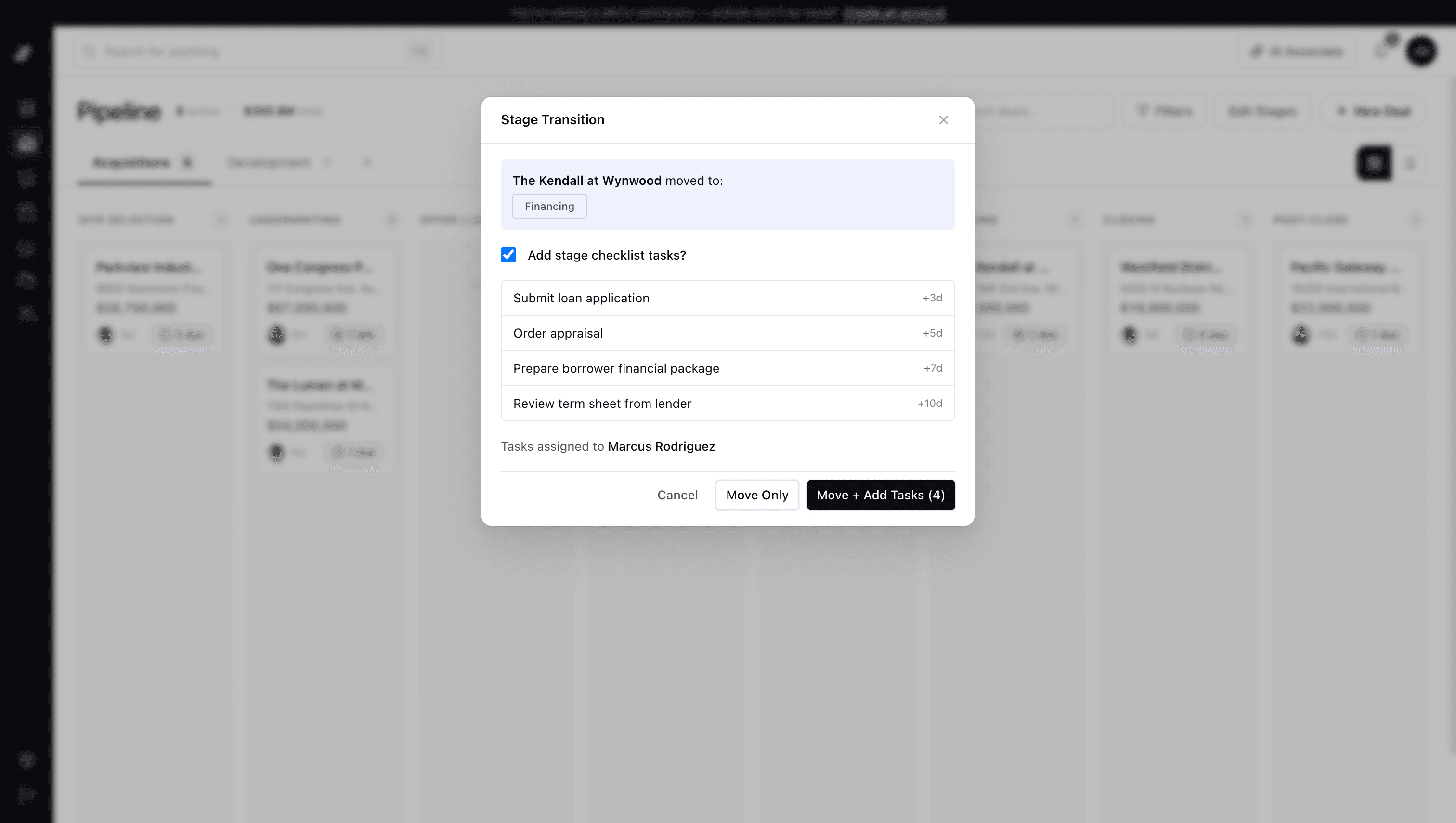 MotionCRE stage transition with auto-generated task checklist