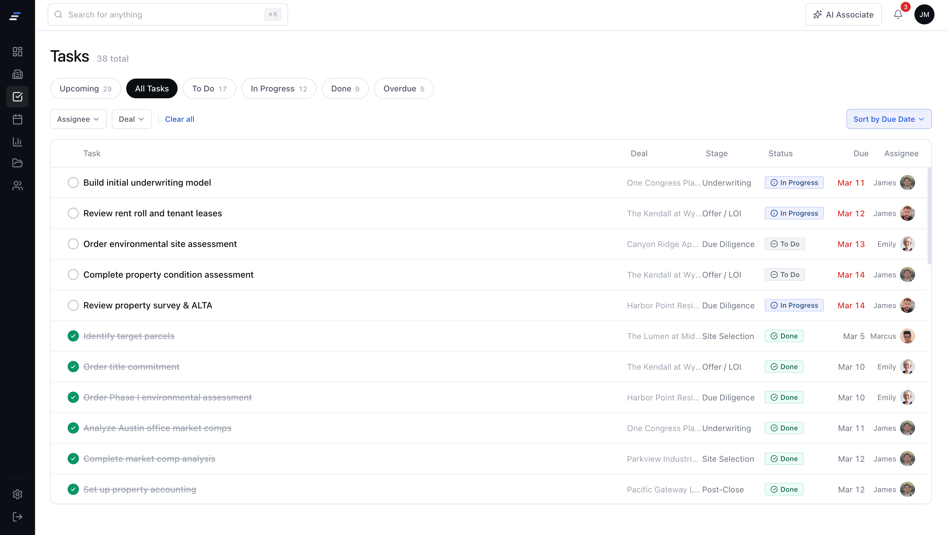 MotionCRE task management with CRE due diligence checklist items