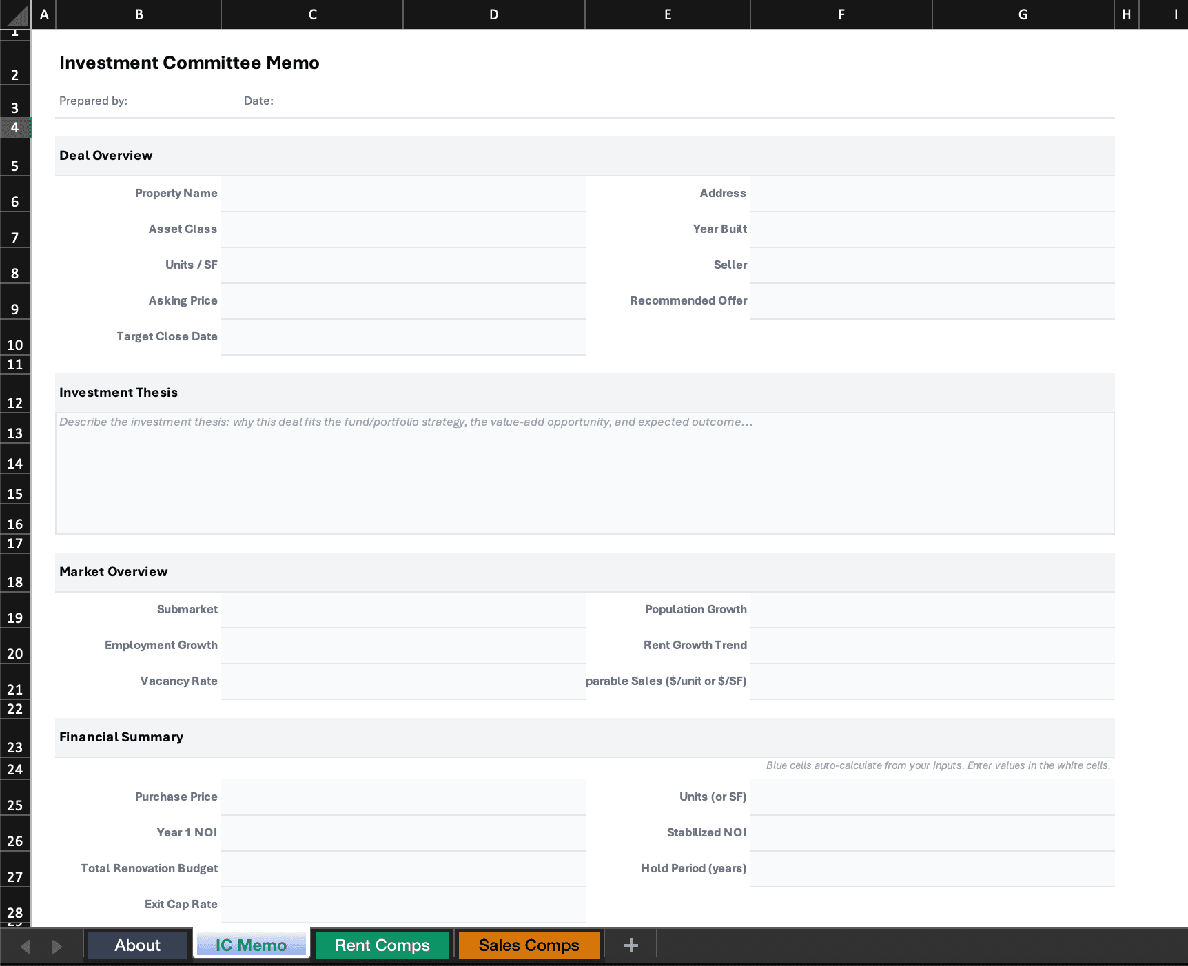 Investment committee memo template with deal overview, investment thesis, market overview, and financial summary sections
