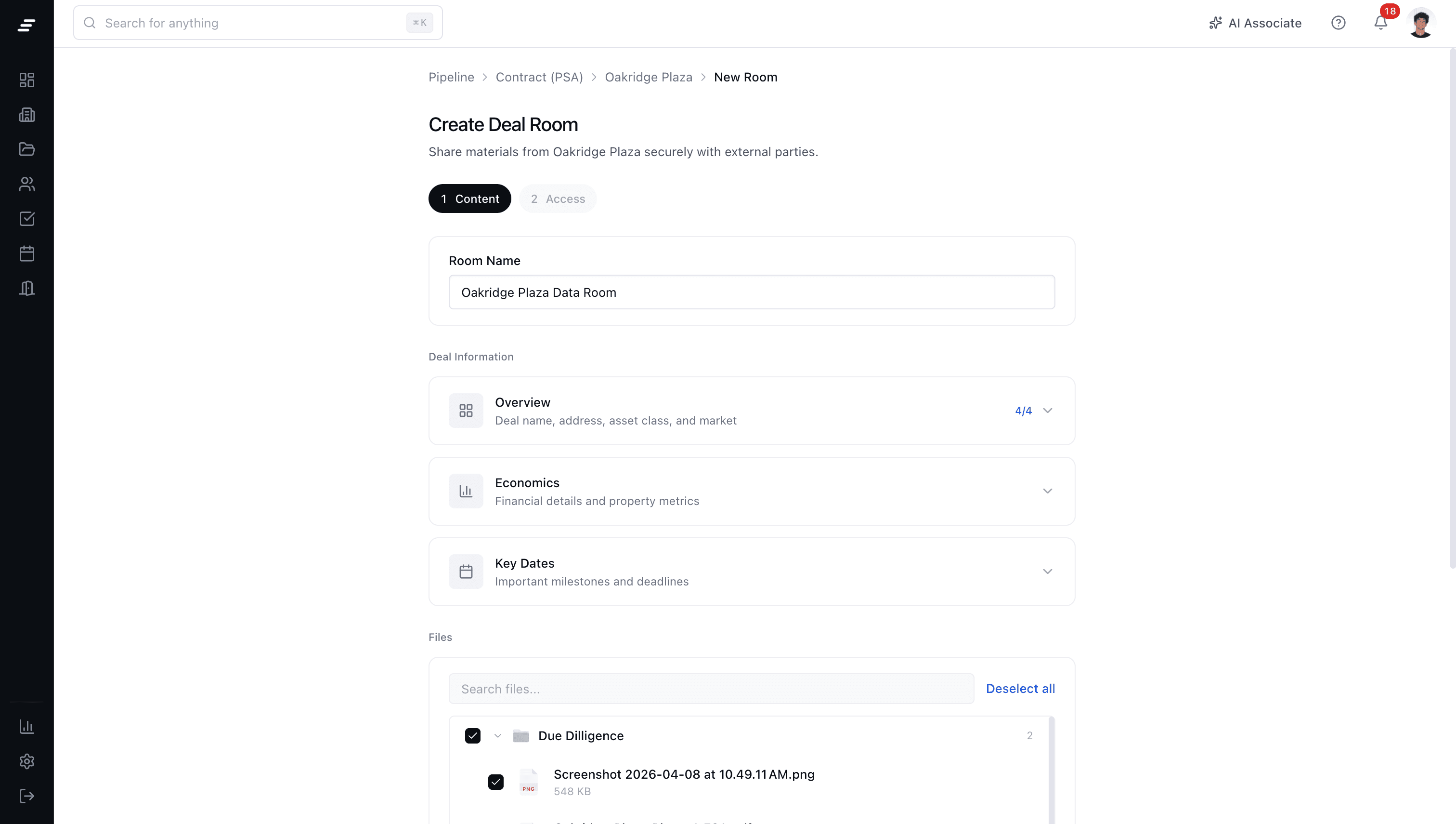 MotionCRE create deal room screen with content and access steps