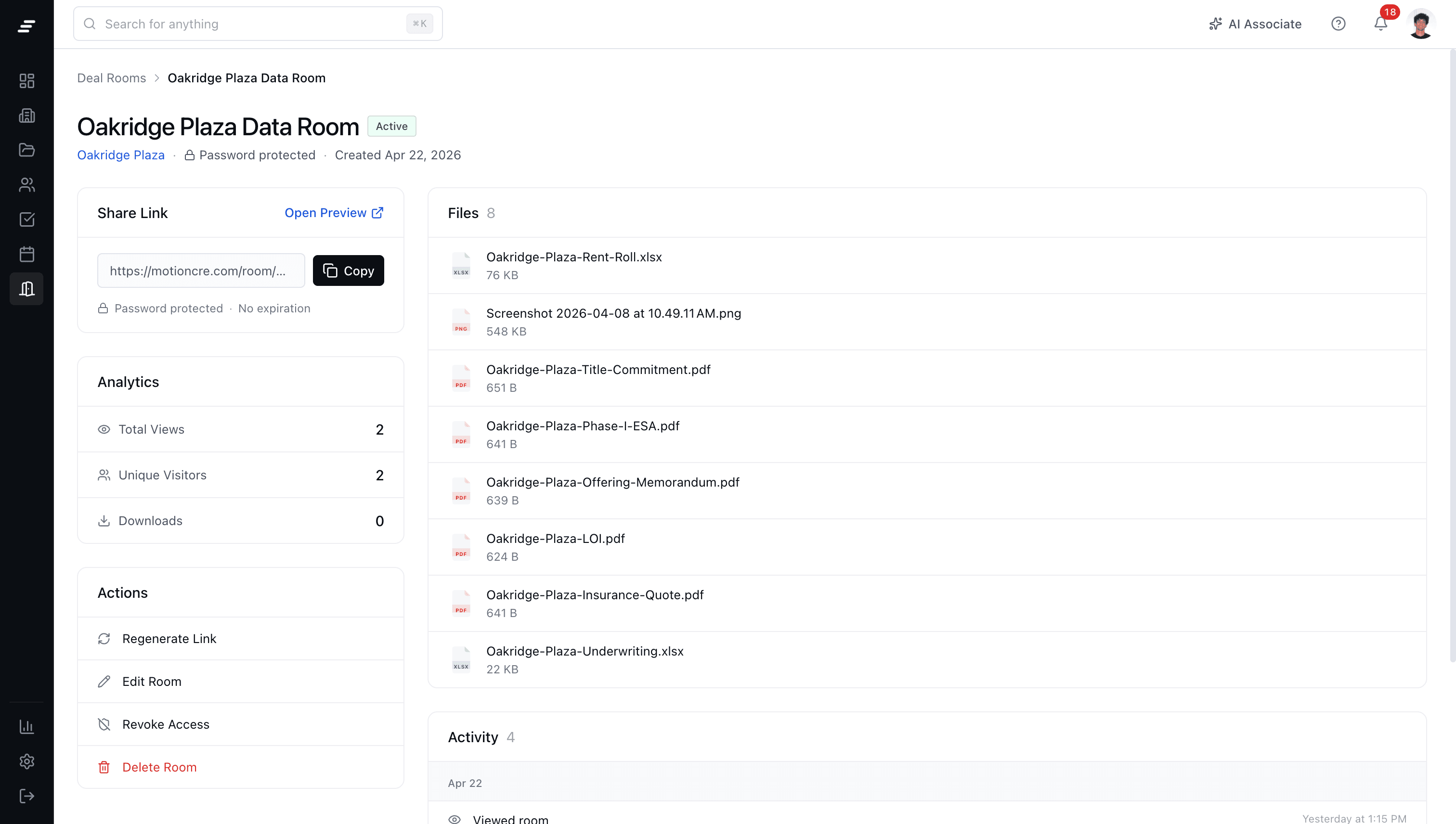 MotionCRE data room detail page with analytics, actions, and activity log