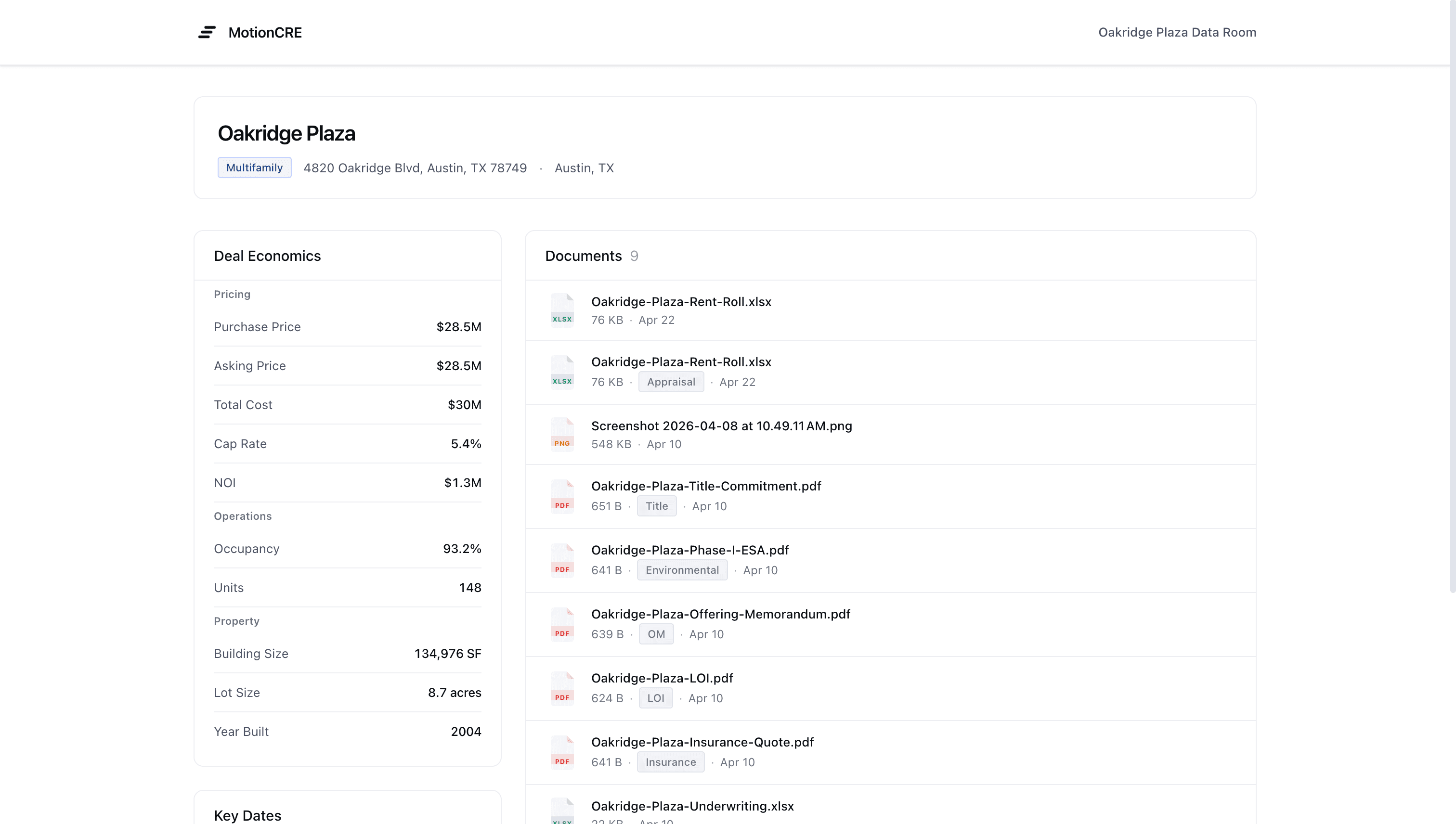 MotionCRE data room external view showing deal economics and documents