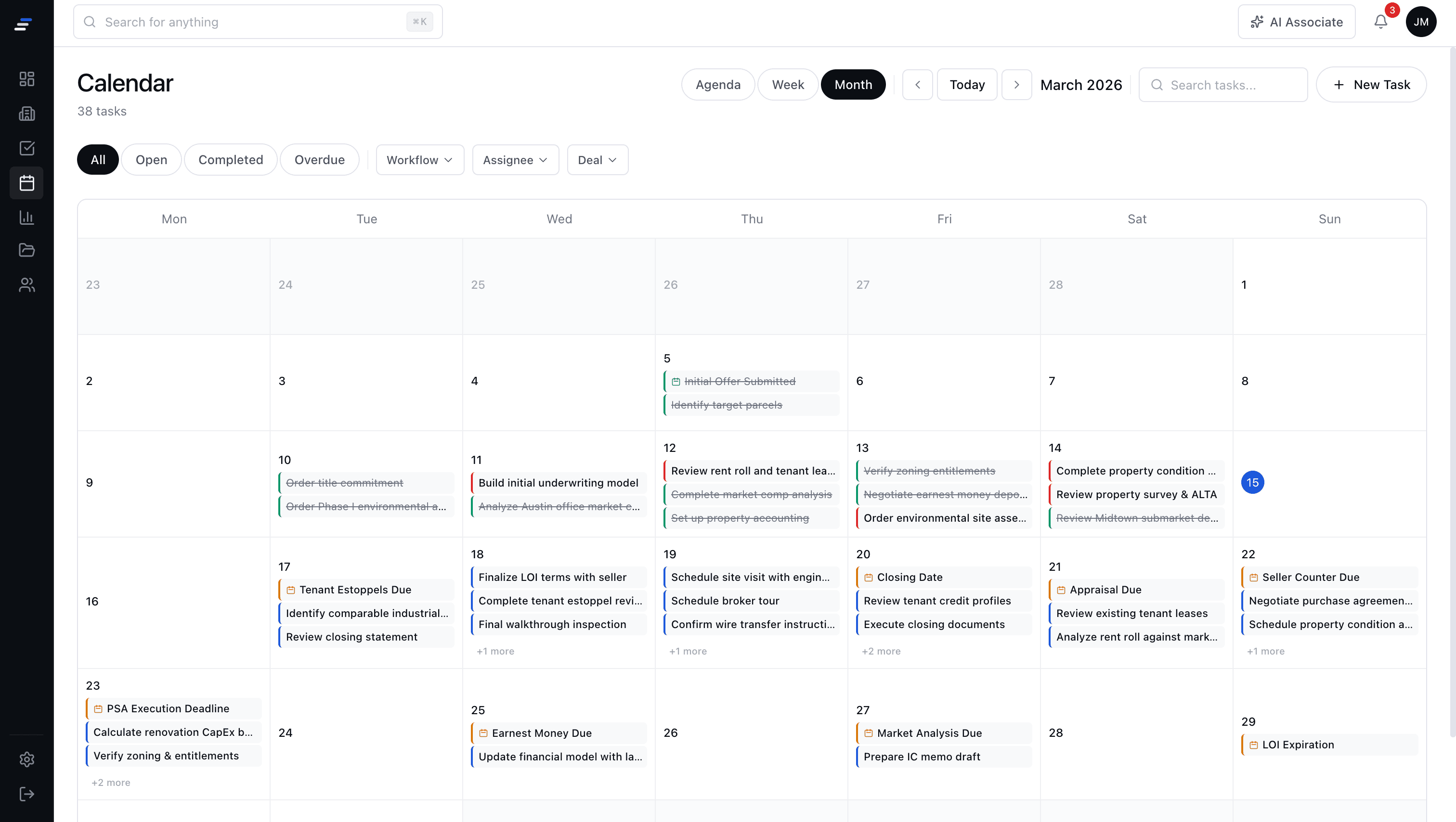 MotionCRE calendar view with tasks across deals