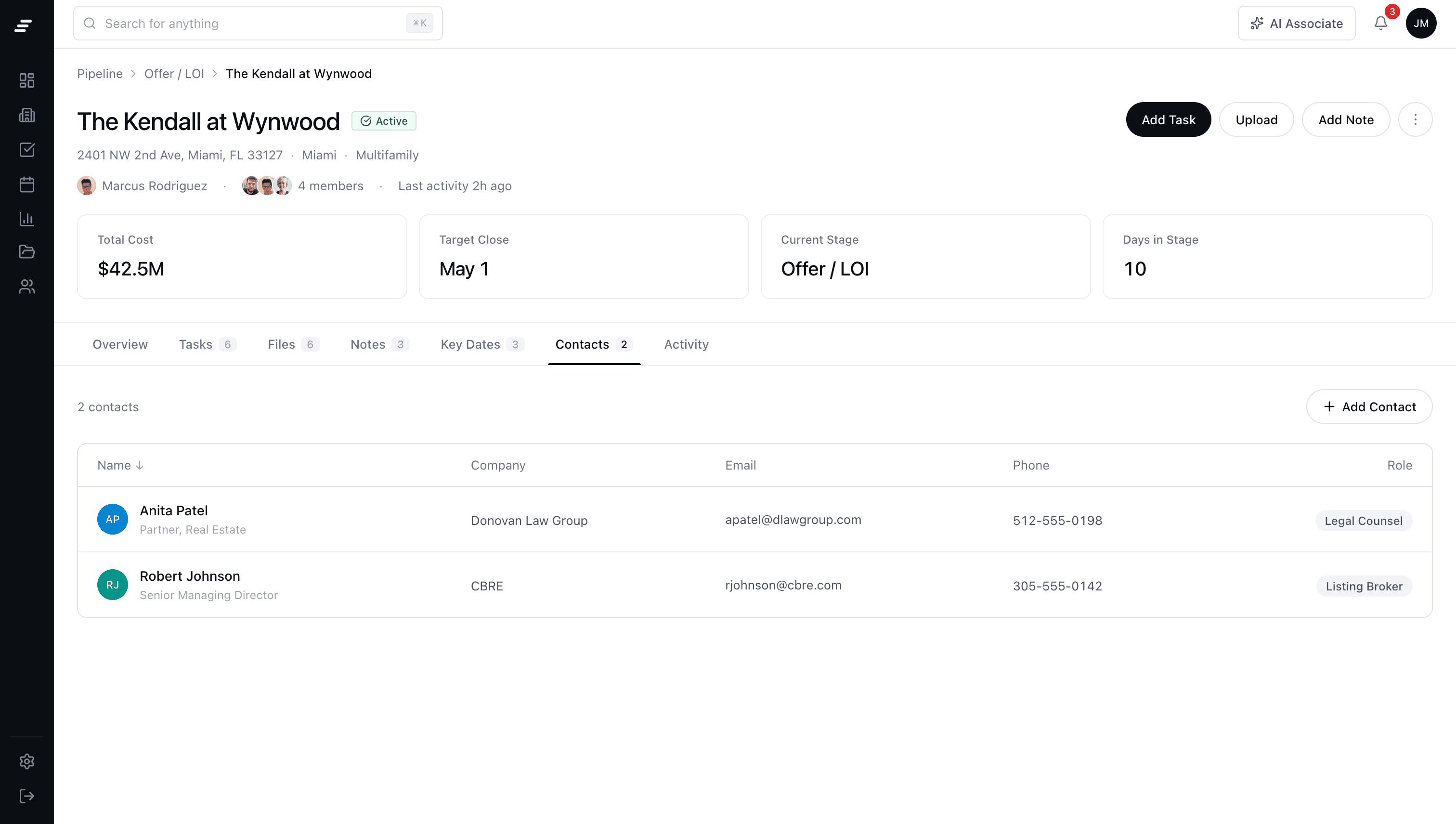 MotionCRE deal workspace showing CRE CRM contacts with roles