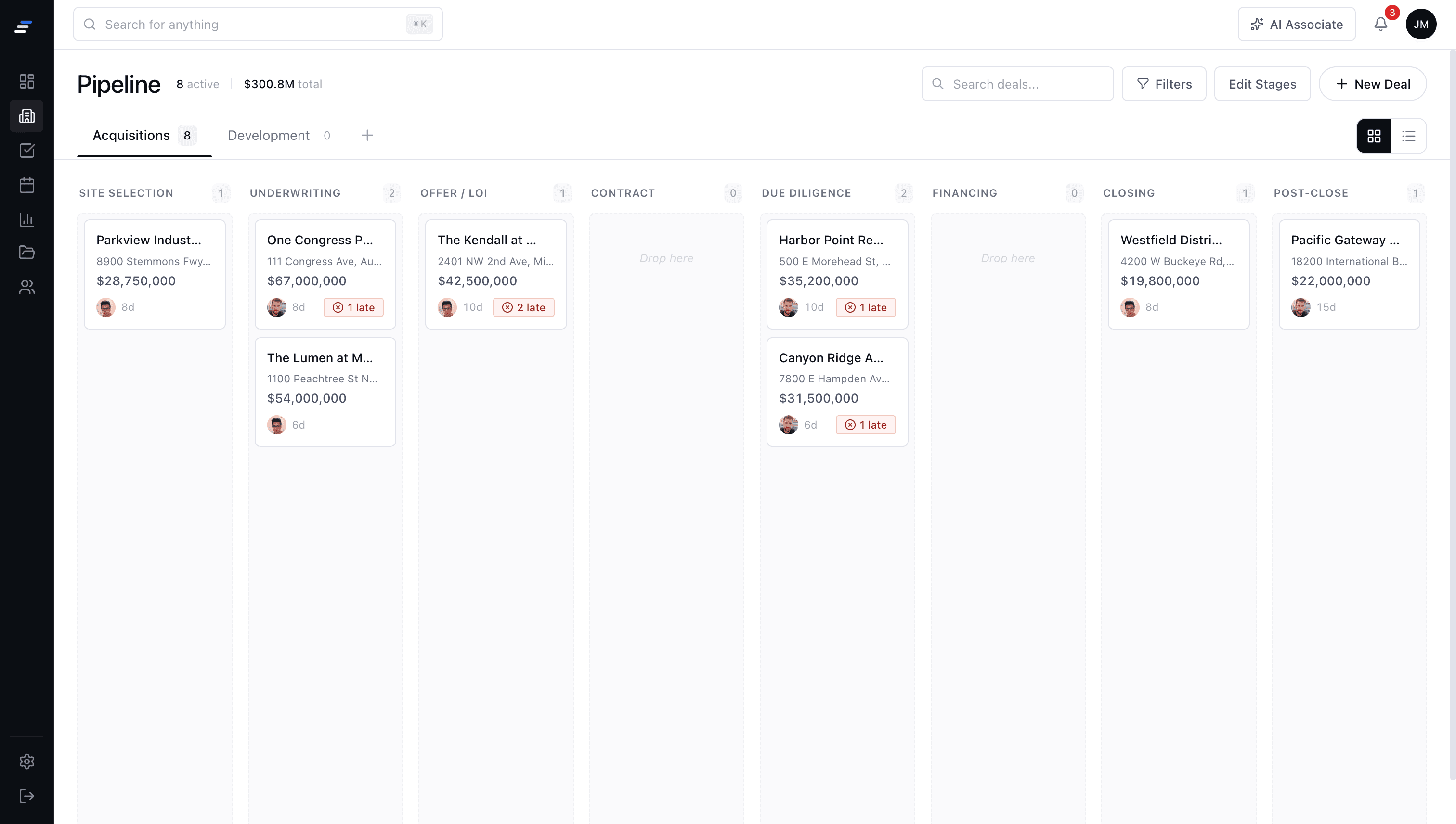 MotionCRE pipeline view showing active commercial real estate deals across sourcing, underwriting, and due diligence