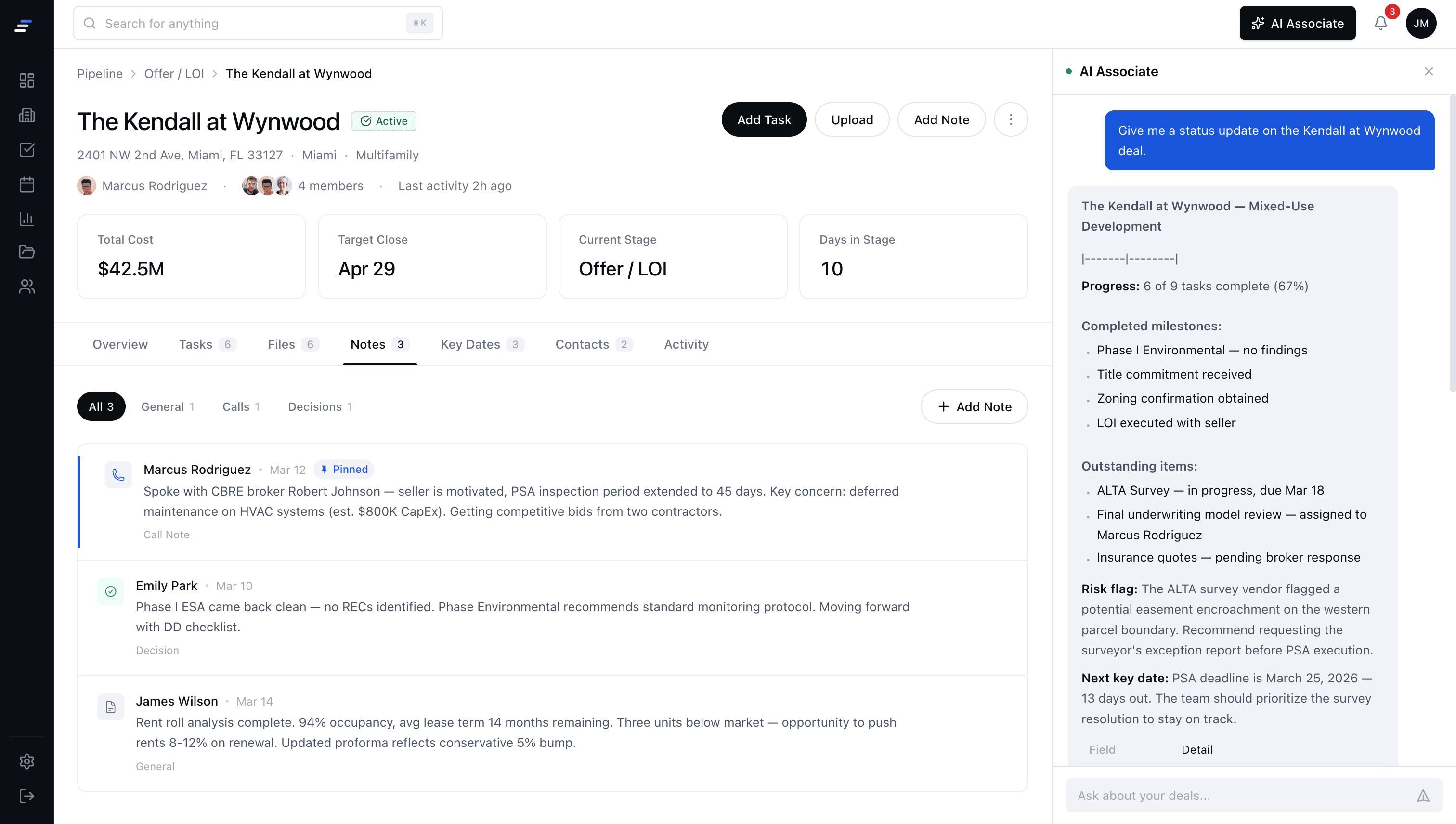 MotionCRE AI Associate assisting with a CRE deal workspace