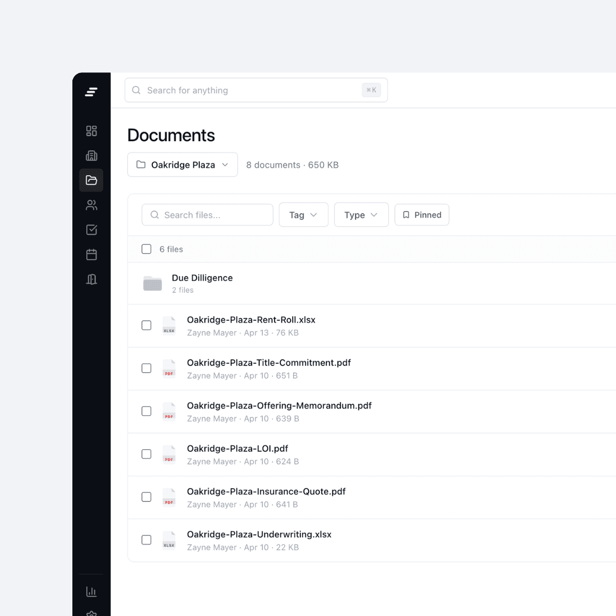 Every document, organized per deal.